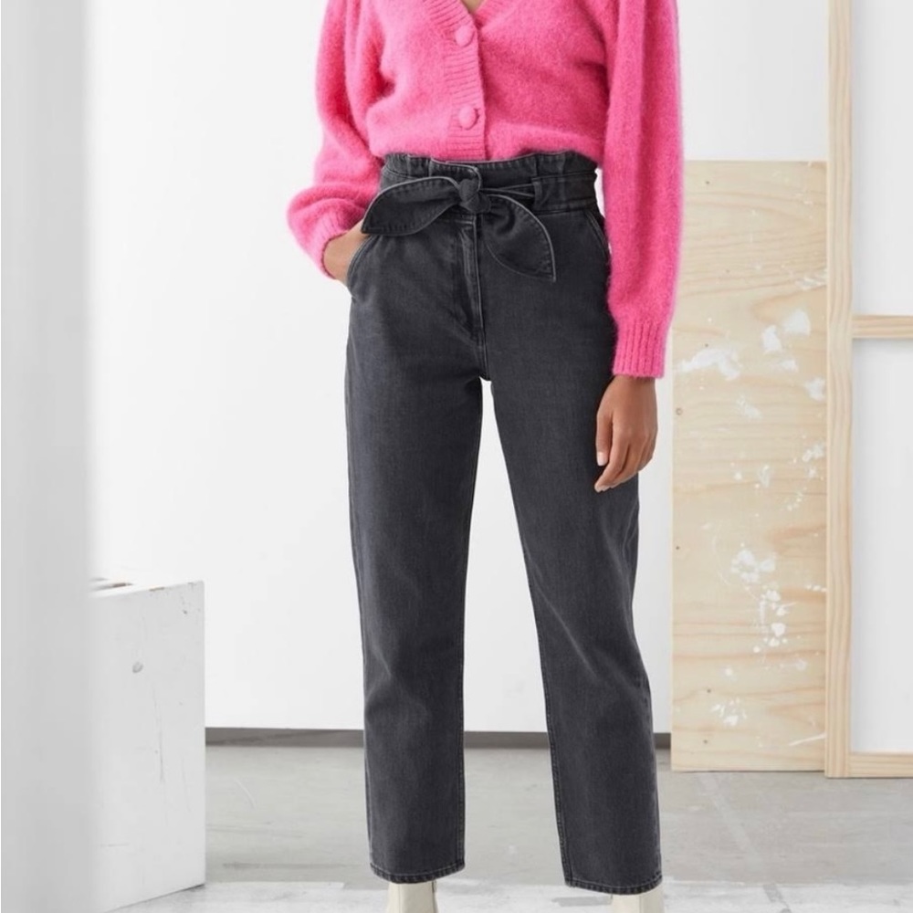 & Other Stories Paperbag Tie Waist Black Denim Pants Size 4